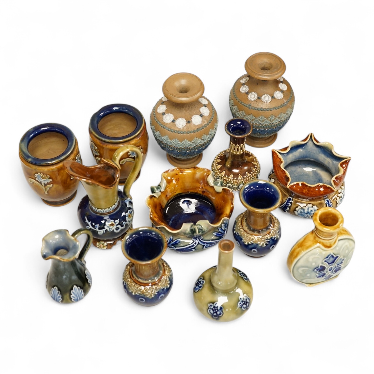 A group of mixed miniature Royal Doulton, vases, jugs etc., jug 12cm high (13)